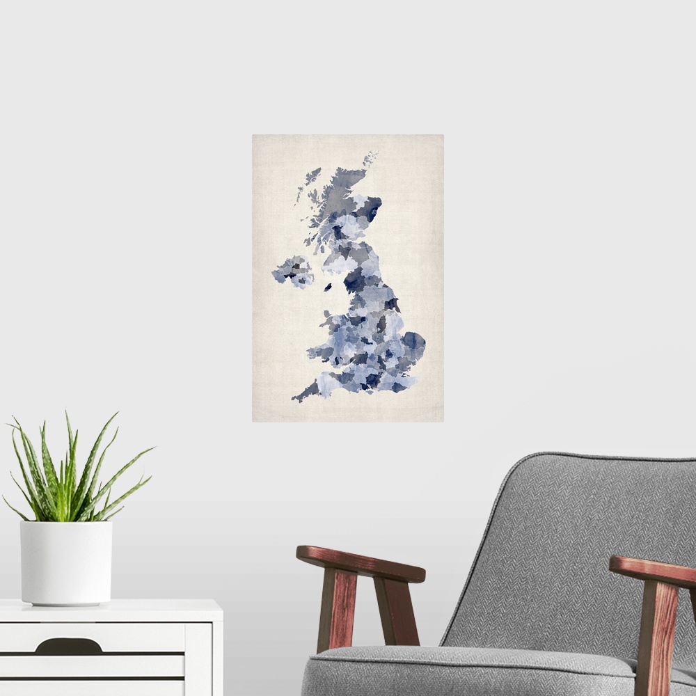 A modern room featuring Map of United Kingdom in watercolor, blue