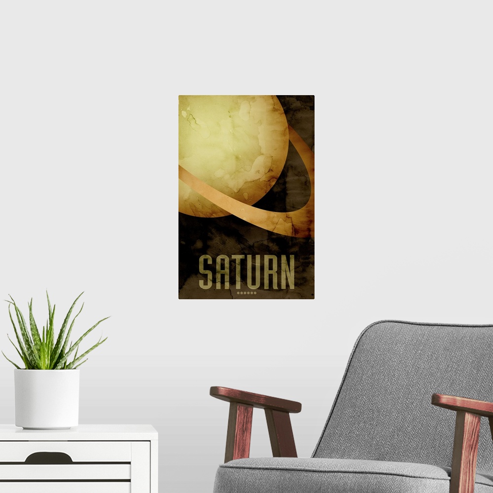 A modern room featuring The Planet Saturn, number 6 in a set of 9 prints featuring the planets of our Solar System. Satur...