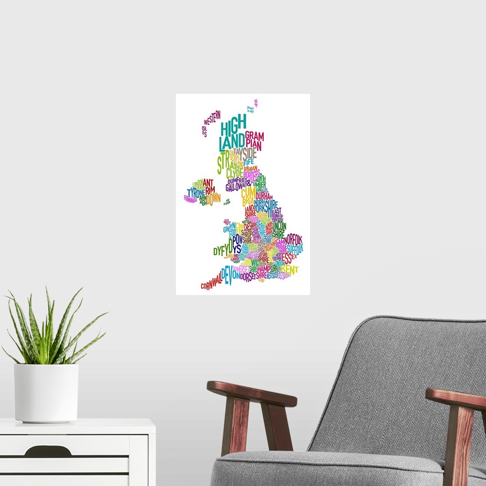 A modern room featuring UK Map make up of County names - rainbow colors