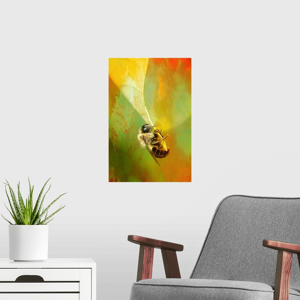 A modern room featuring Close-up photograph of a bee clinging to the end of a leaf.