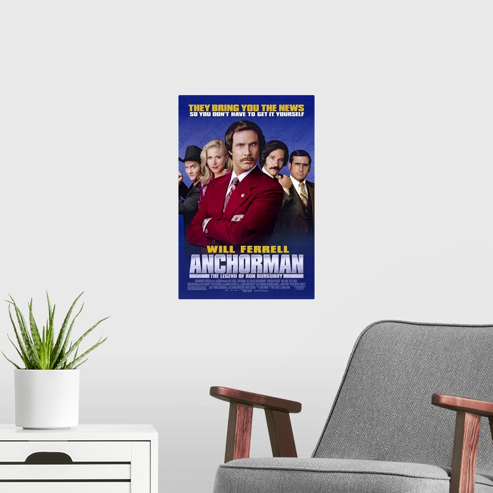 A modern room featuring Movie poster for "Anchorman: The Legend of Ron Burgundy". Ron is front and center of the poster w...
