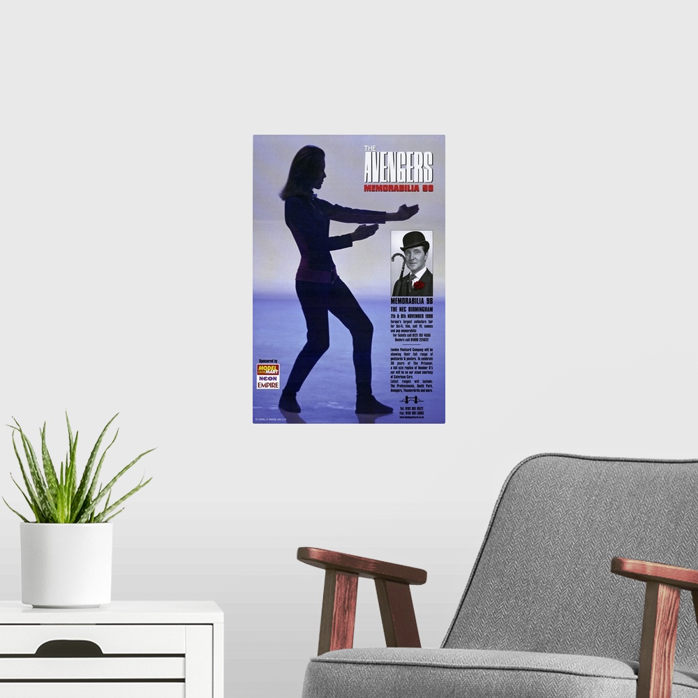 A modern room featuring A poster of the 60s era British spy themed television show with a silhouette of one of Steedos as...