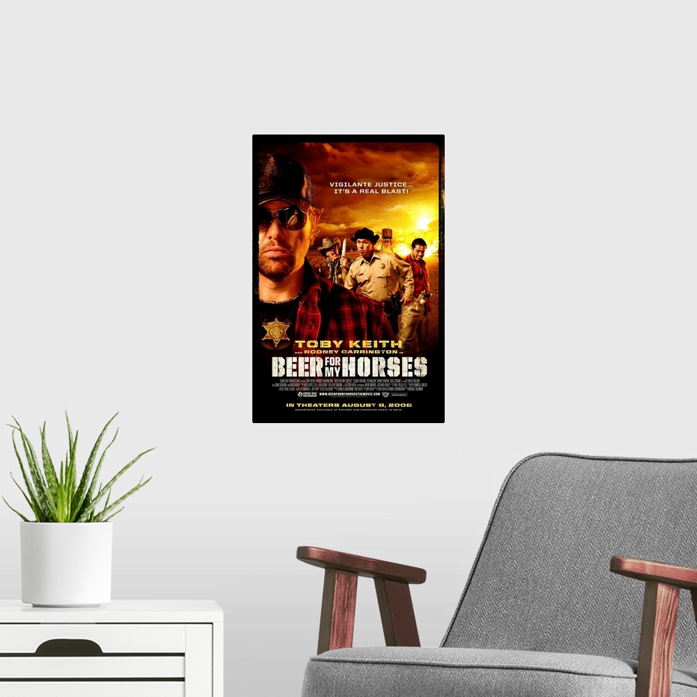 A modern room featuring Beer for My Horses - Movie Poster