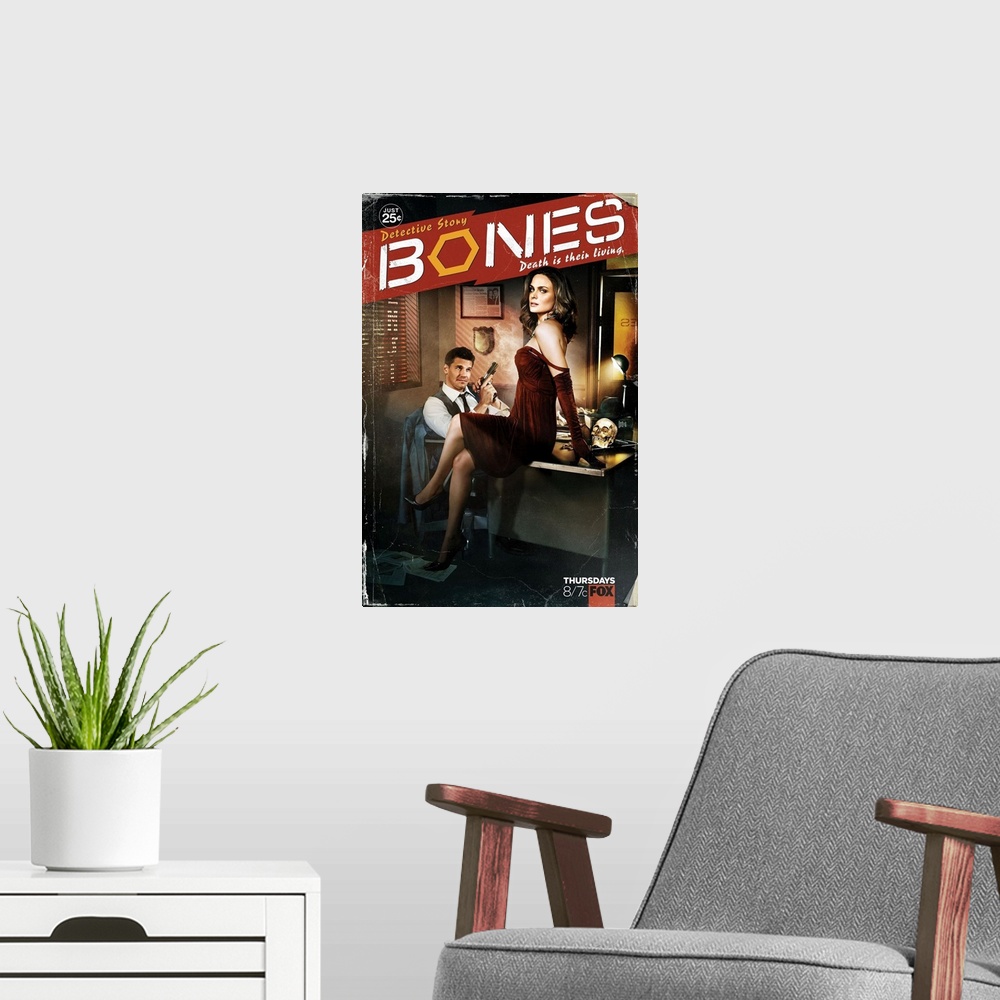 A modern room featuring A prosaic forensic anthropologist and a cocky FBI agent build a team to investigate death causes....