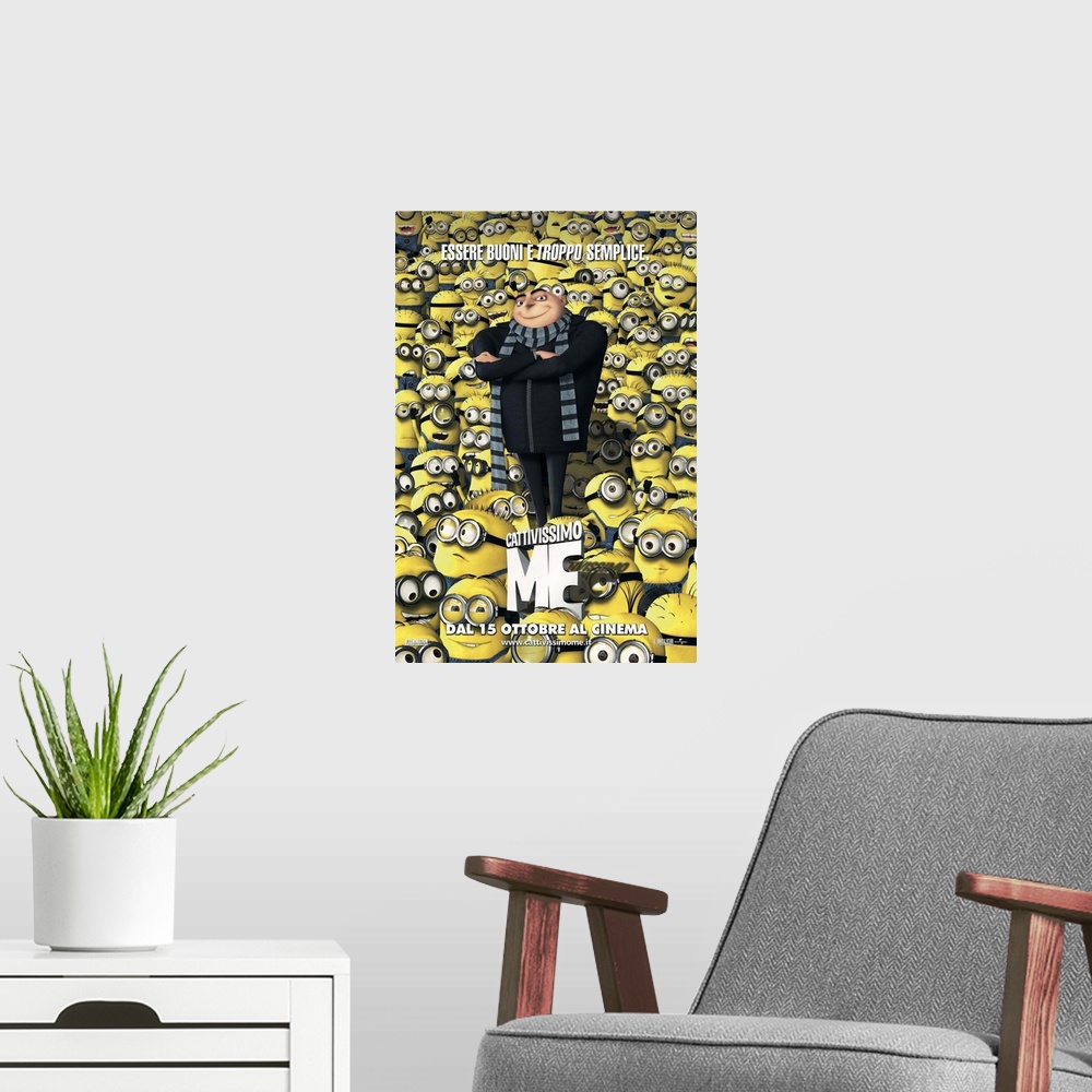A modern room featuring Movie poster for "Despicable Me" in Italian. The main character of the film is surrounded fully b...