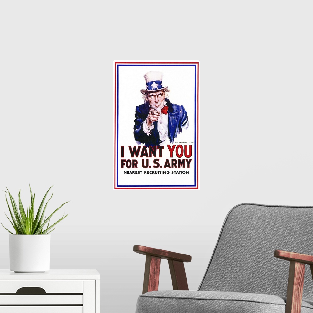 A modern room featuring I Want You for U.S. Army