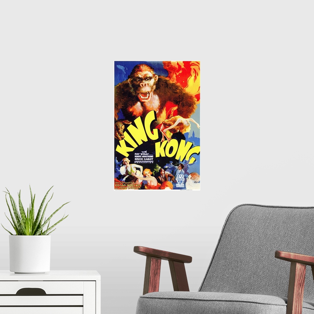 A modern room featuring Poster for the 1933 movie King Kong. It shows King Kong towering over people at the bottom of the...
