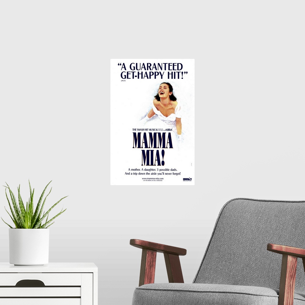 A modern room featuring Portrait, large wall hanging for the Broadway musical, Mamma Mia of a woman in a white dress laug...