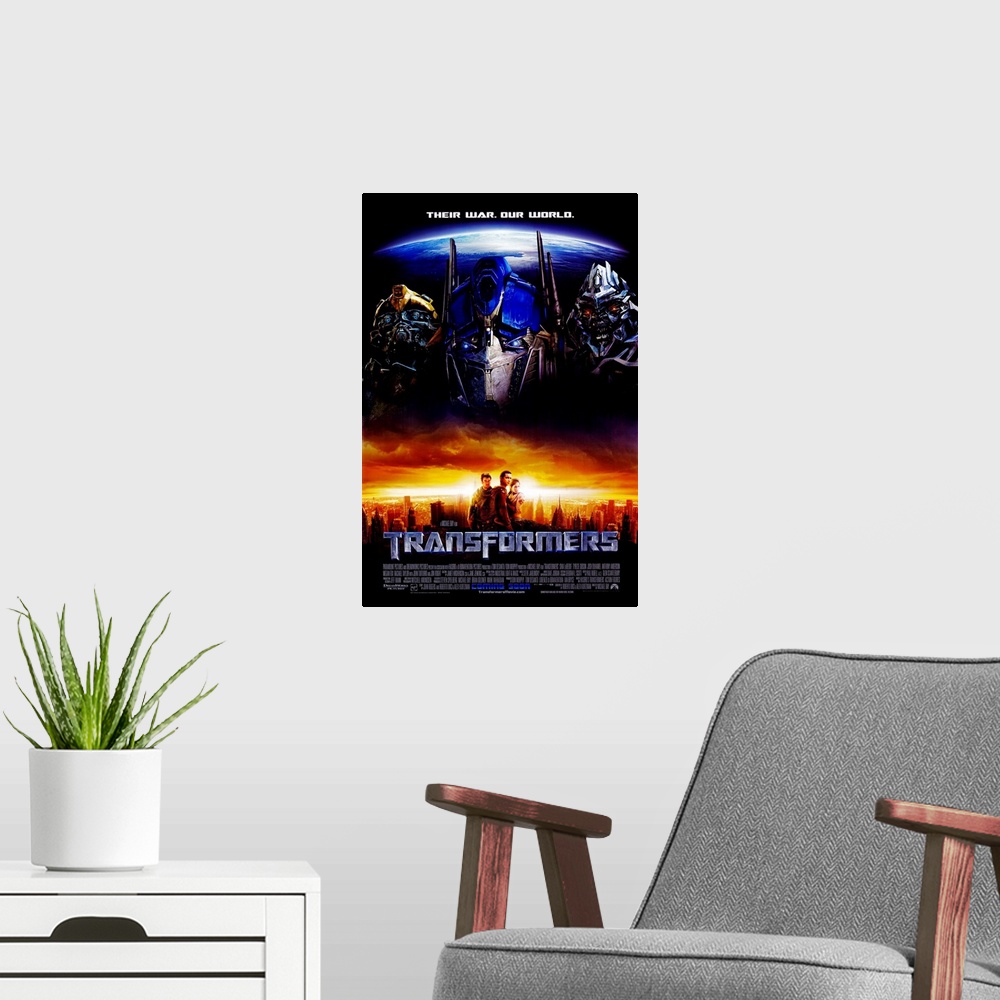 A modern room featuring Movie poster for the first Transformers film with the three main auto bots pictured above the cit...