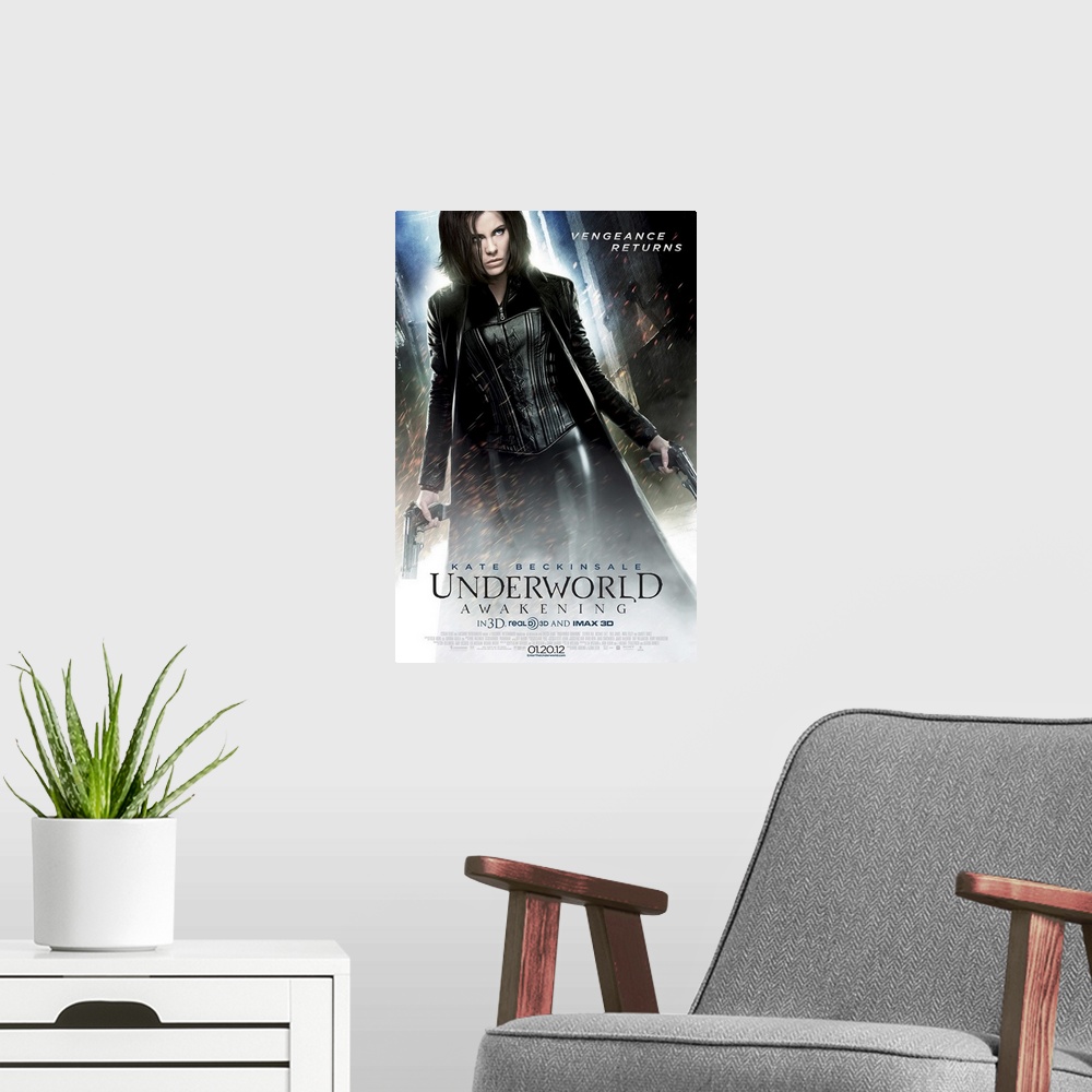 A modern room featuring Underworld: Awakening - Movie Poster