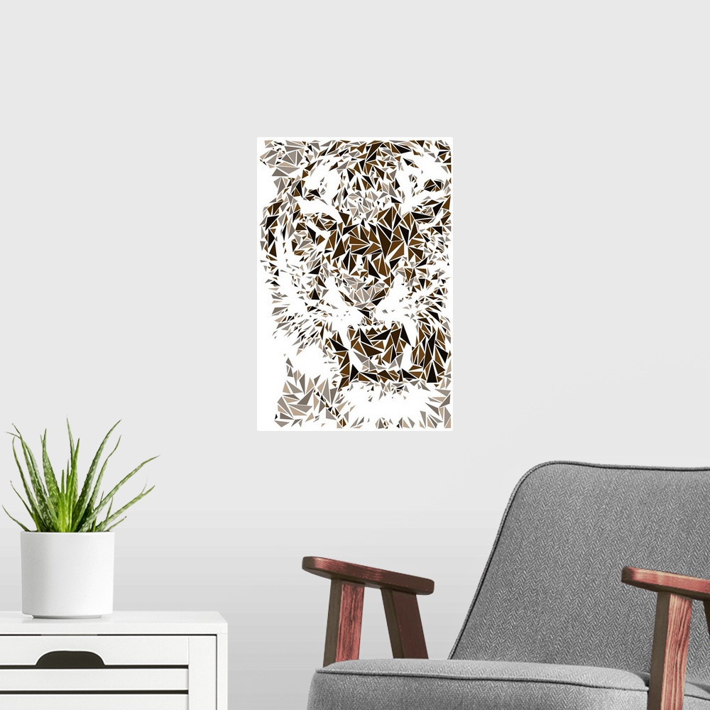 A modern room featuring A snarling tiger made up of triangular geometric shapes.