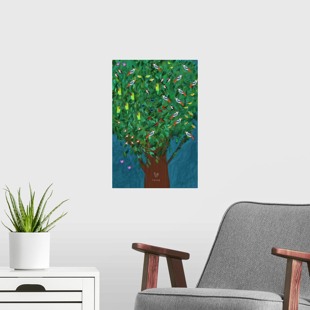 A modern room featuring Birds in tree illustrated by artist Carla Daly.