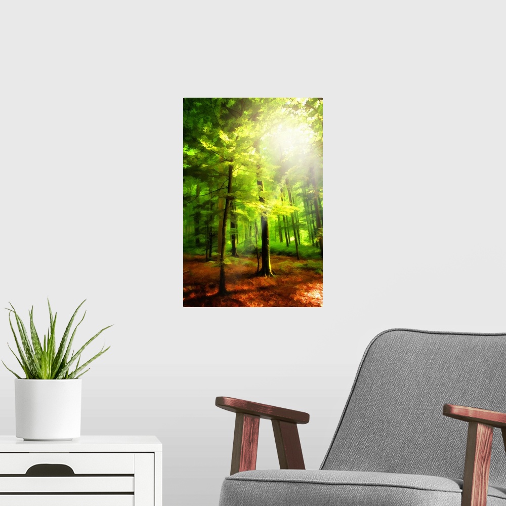 A modern room featuring A vibrant colorful photograph of a forest with sunlight shining through the canopy.