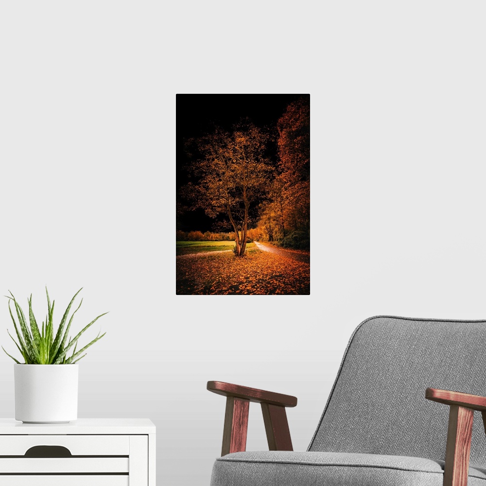 A modern room featuring Autumn landscape with black sky