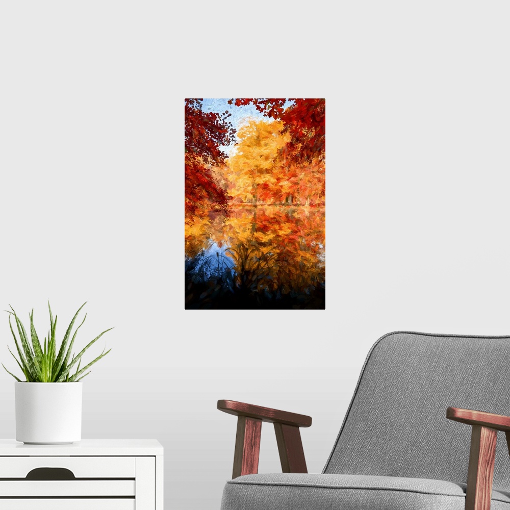 A modern room featuring Autumn trees reflected in the water of a pond