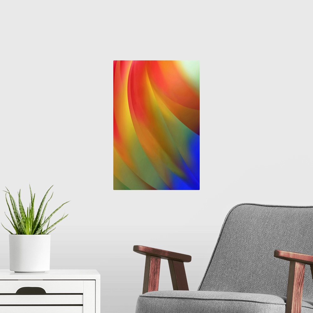 A modern room featuring Abstract art created with a layered surface and gel filters to create gradients of color from top...