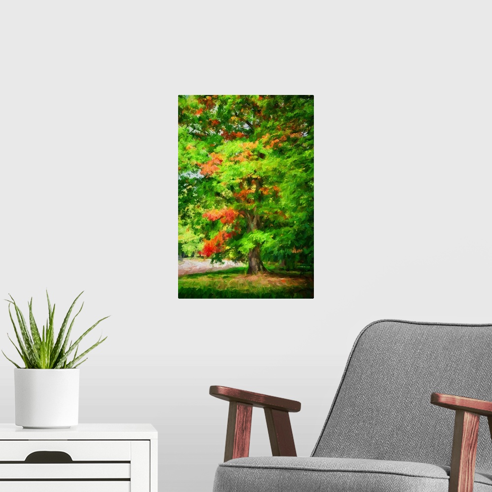 A modern room featuring An oak in early fall with a expressionist photo or painterly process