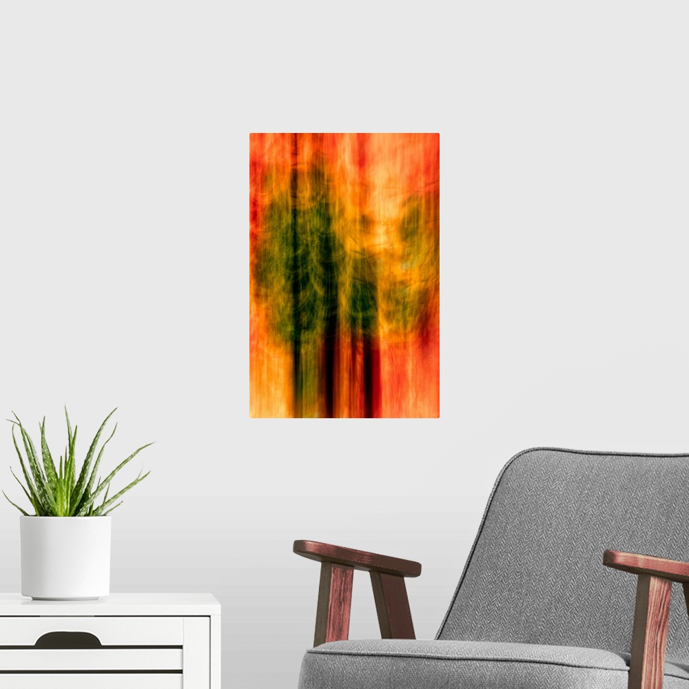 A modern room featuring Blurred motion photograph of trees in deep red light, from Ursula Abresch's Impressionist Trees S...