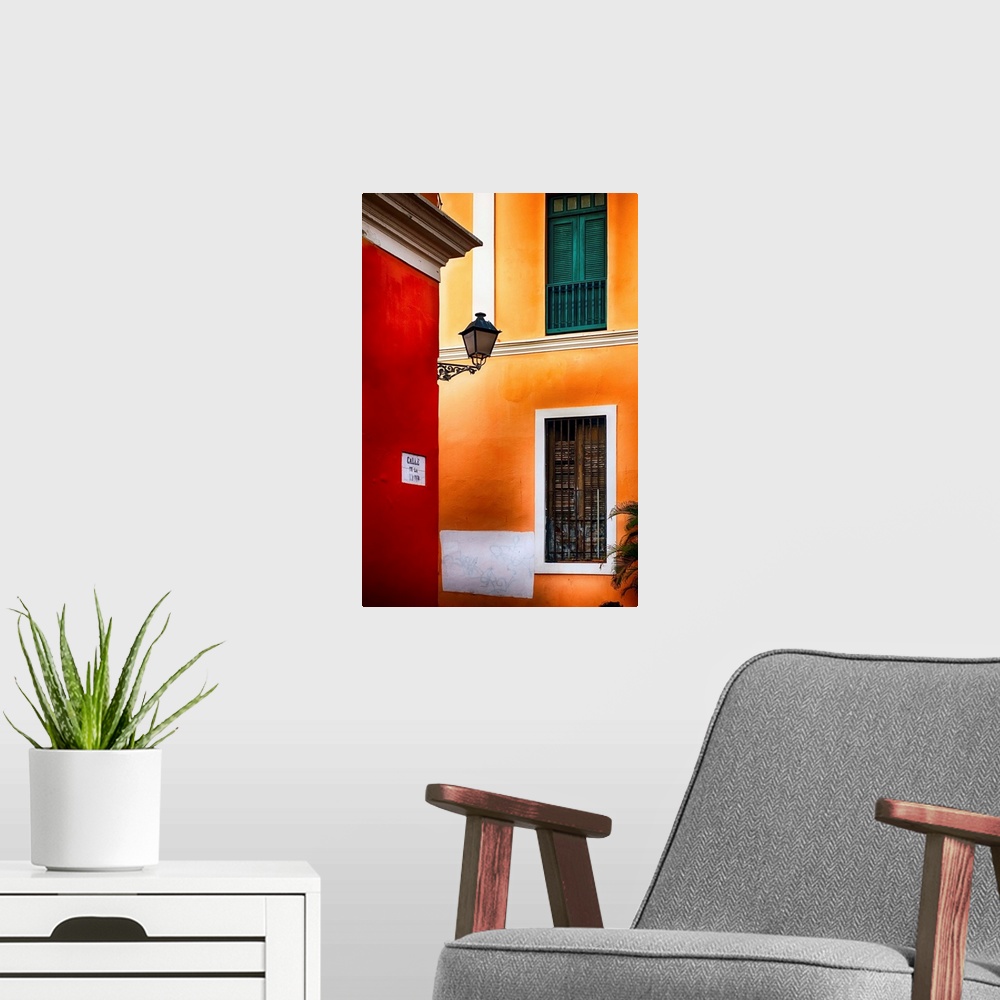 A modern room featuring Fine art photo of brightly colored walls of historic buildings in San Juan.