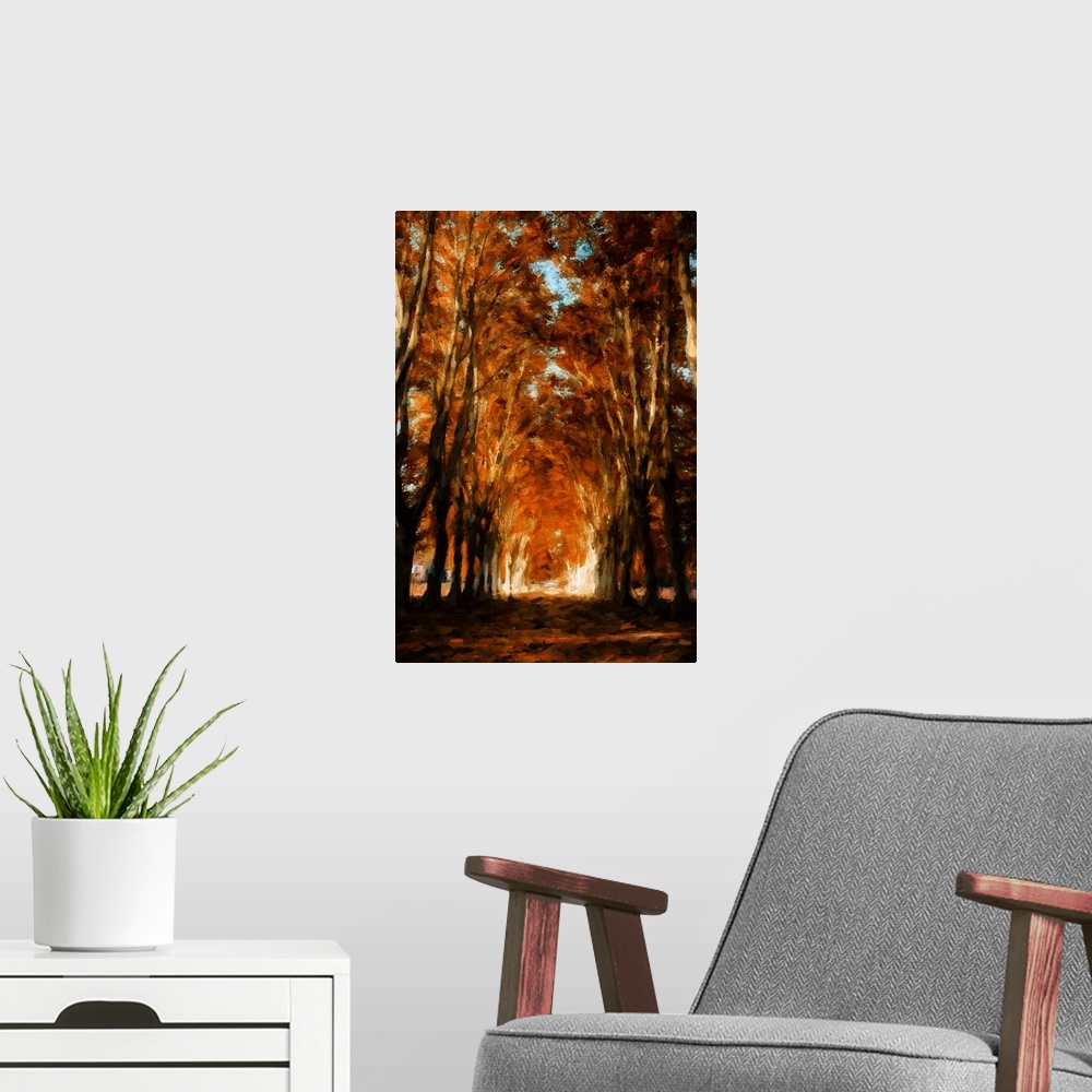 A modern room featuring An avenue of trees in autumn with a process of expressionist photo or painterly