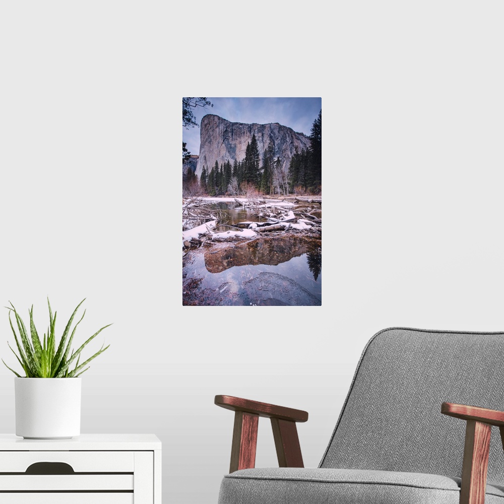 A modern room featuring Blue hour before sunrise at El Capitan, Yosemite National Park, California, in the winter.