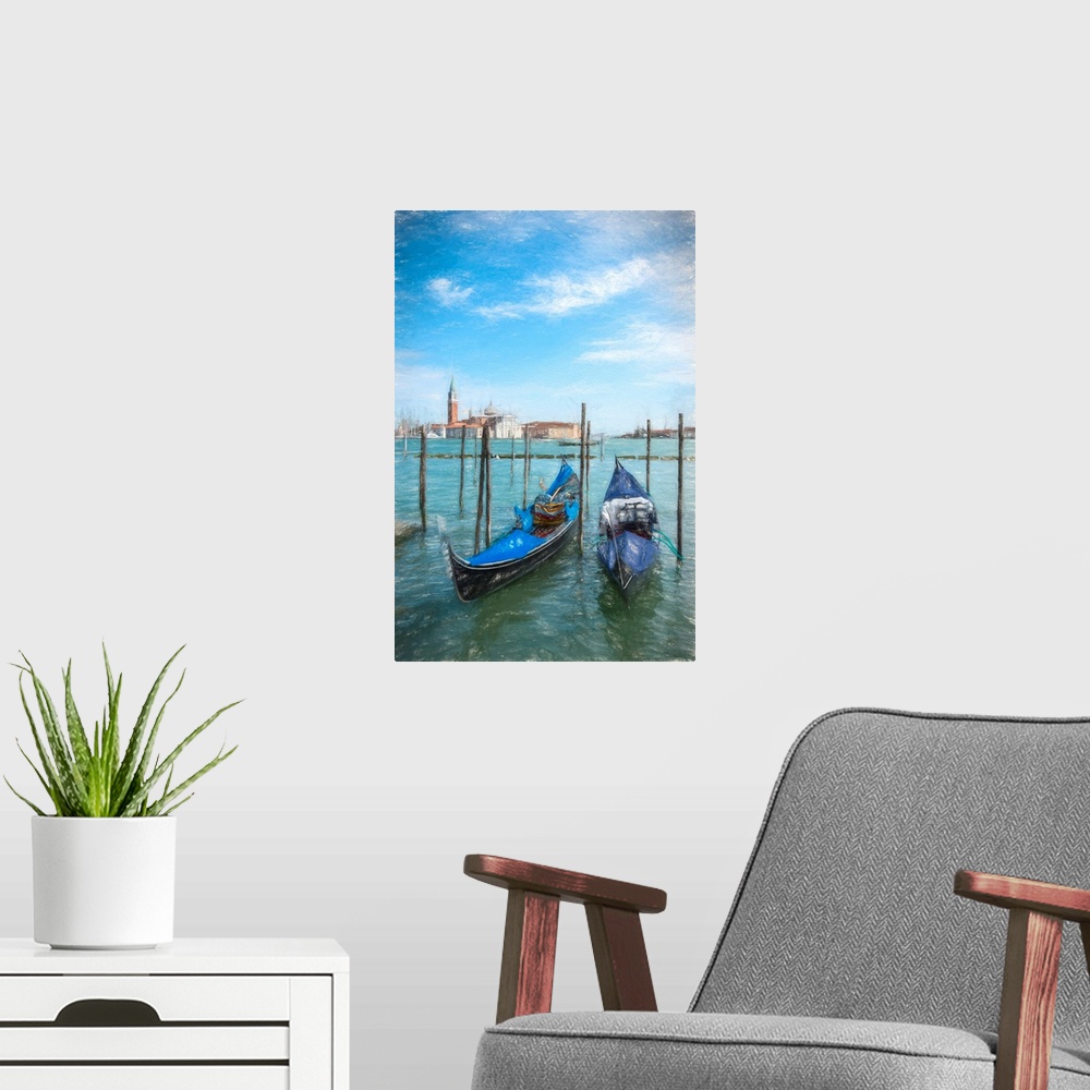 A modern room featuring Fine art photo of two gondolas moored against posts in Venice, Italy.