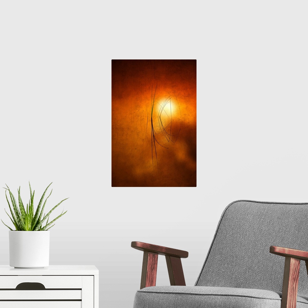 A modern room featuring Fine art photo of a few grasses in a pond with the setting sun in the background.