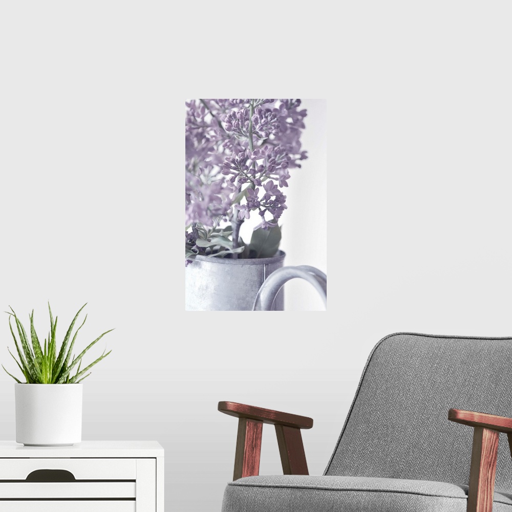 A modern room featuring Flower arrangement with a bouquet of lilacs