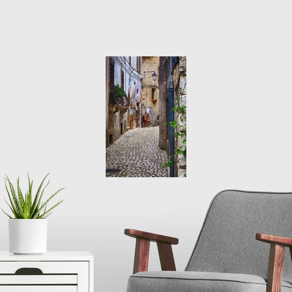 A modern room featuring Narrow Cobblestone Street in a Medieval Town With a Cheese Shop, Sermoneta, Latina, Italy.