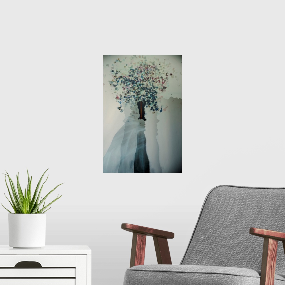 A modern room featuring Abstract composite photograph of varies objects such as flowers, giving the image an eerie appear...