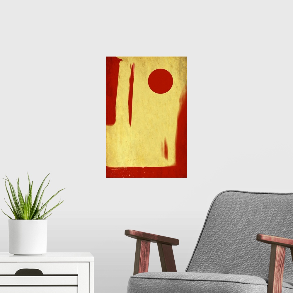 A modern room featuring Abstract representation of a red moon