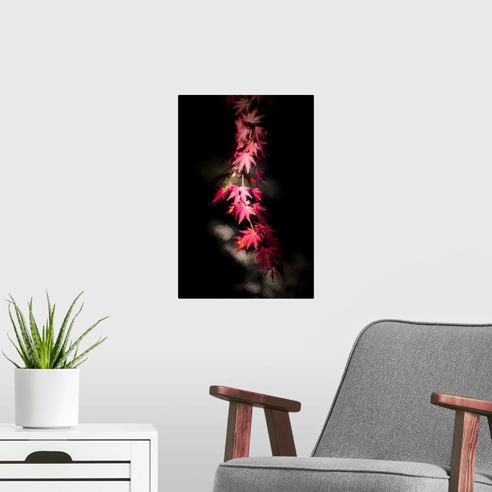 A modern room featuring Dark photograph of red Japanese Maple leaves on a branch running from the top to the bottom of th...