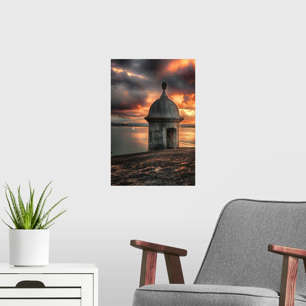 A modern room featuring Sentry Post on the City Wall Overlooking a Bay at Sunset, Old San Juan, Puerto Rico.