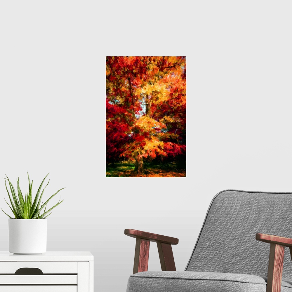 A modern room featuring Oak in autumn colors with a expressionist photo or painterly effect