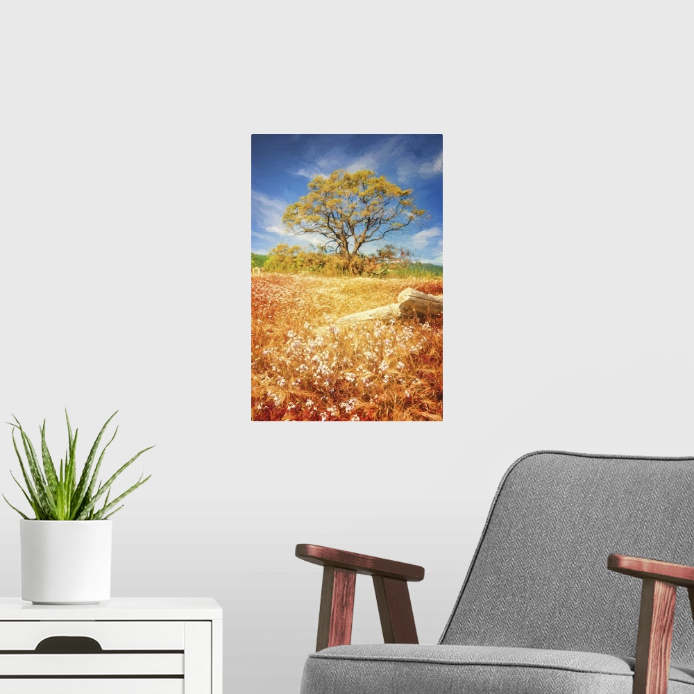 A modern room featuring Photo painting of a beautiful Fall day with long orange and yellow grass with flowers and a tree ...