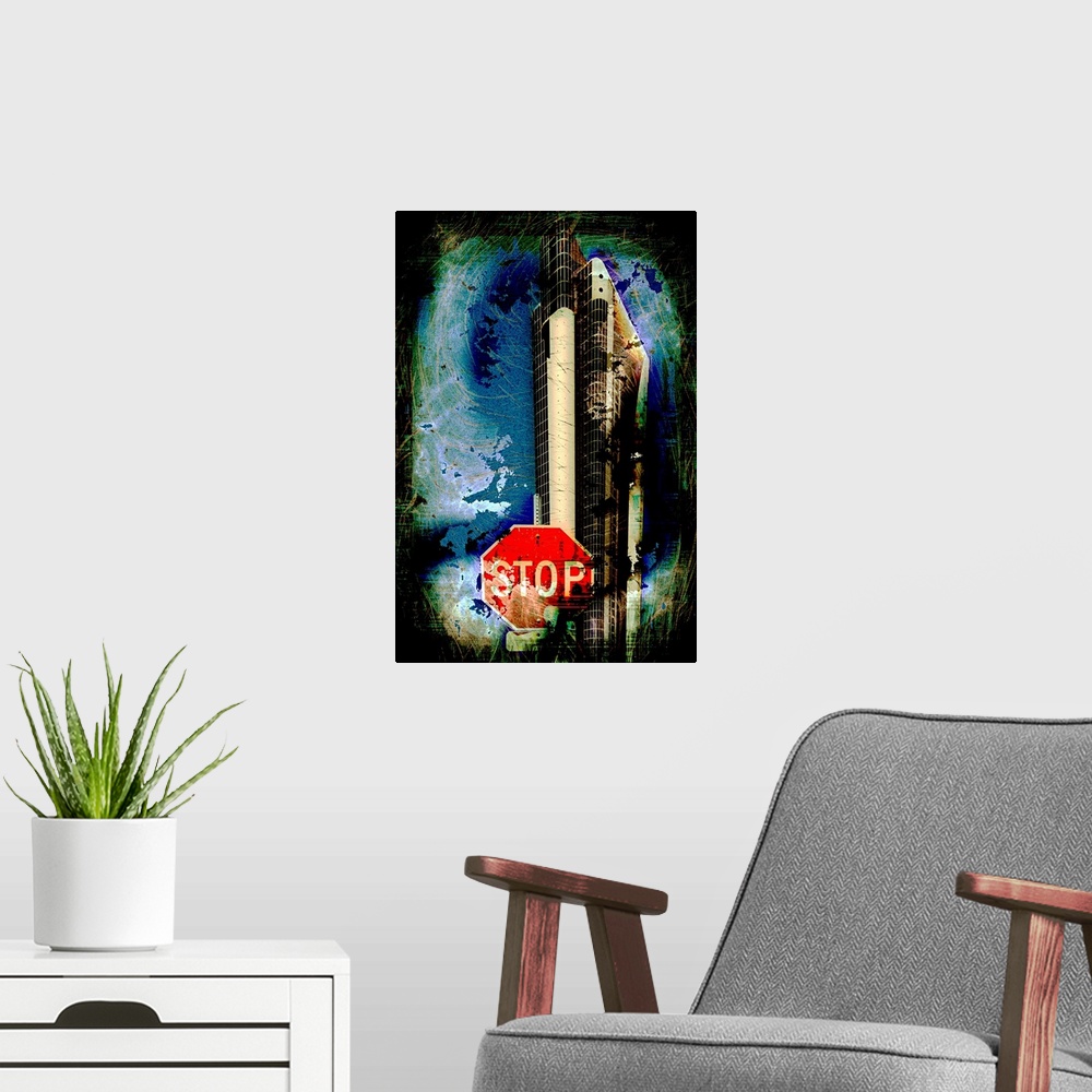 A modern room featuring Image of a stop sign and a skyscraper in the distance, with a heavy grunge texture effect.