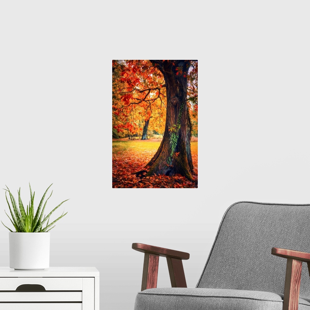 A modern room featuring Photo Expressionism - Trees in autumn with a tree trunk in the foreground.