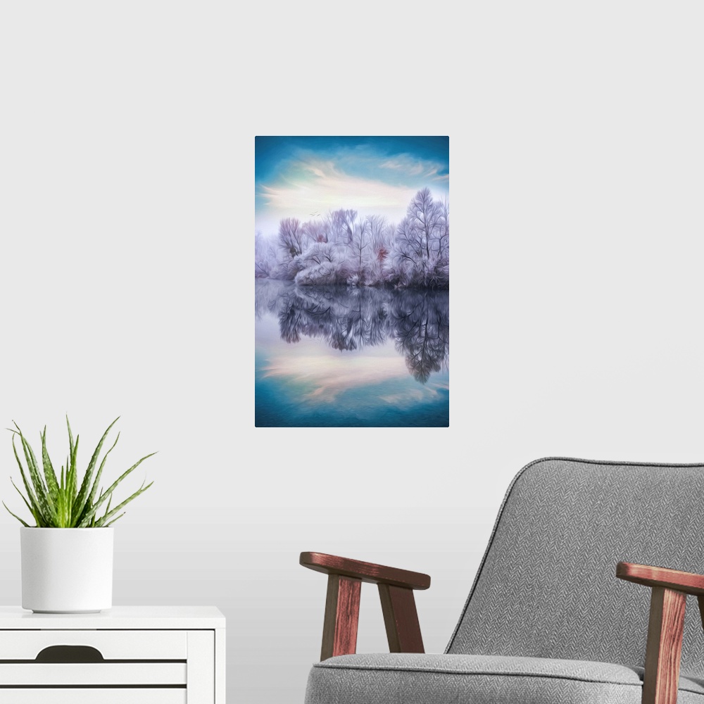 A modern room featuring Photo Expressionism - Forest in winter at the edge of a lake.