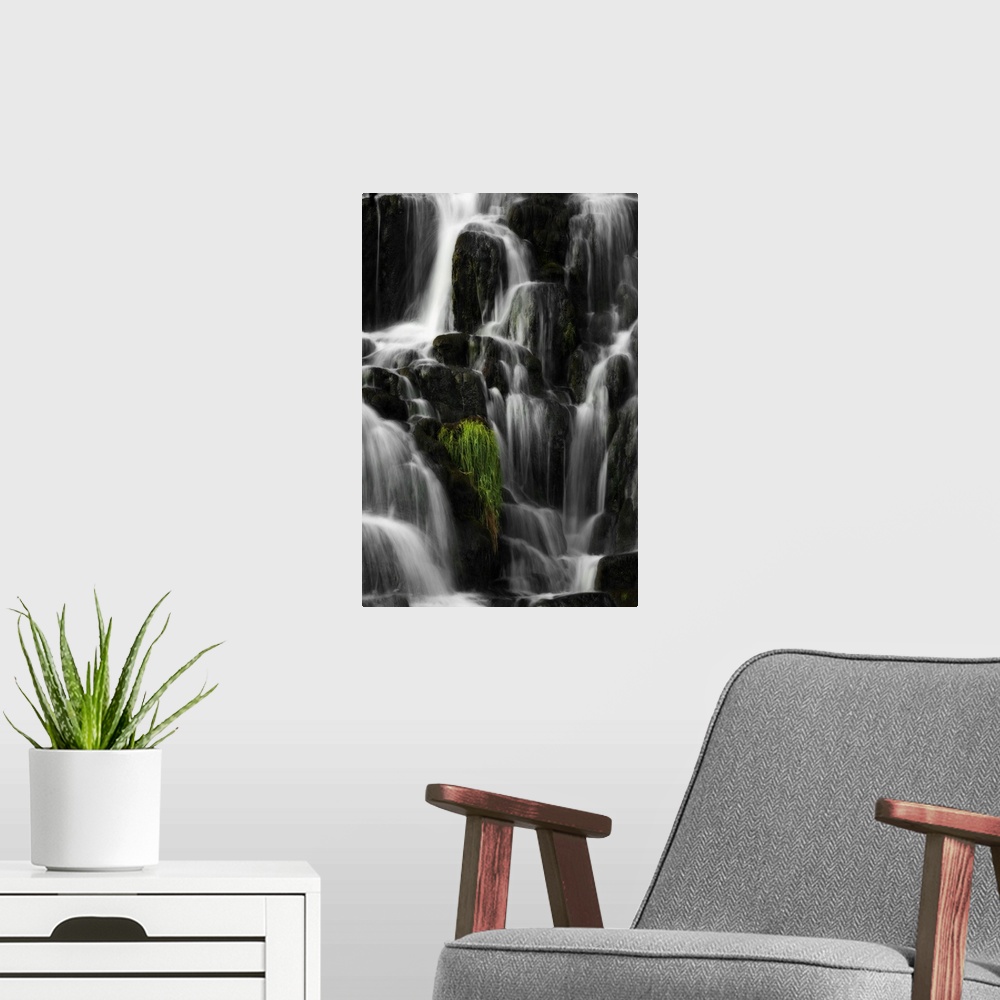 A modern room featuring Fine art photo of a waterfall over several round rocks