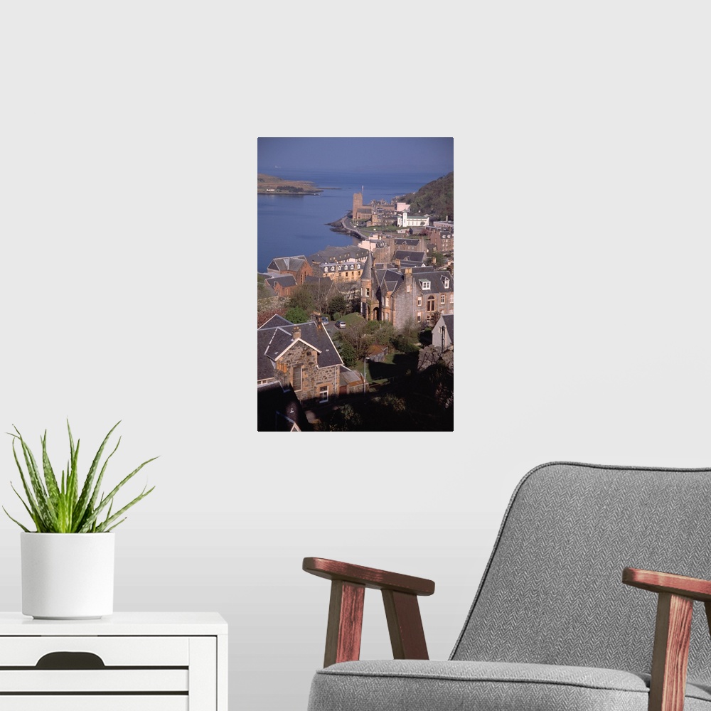 A modern room featuring Birds-eye view of port town of Oban, Scotland.