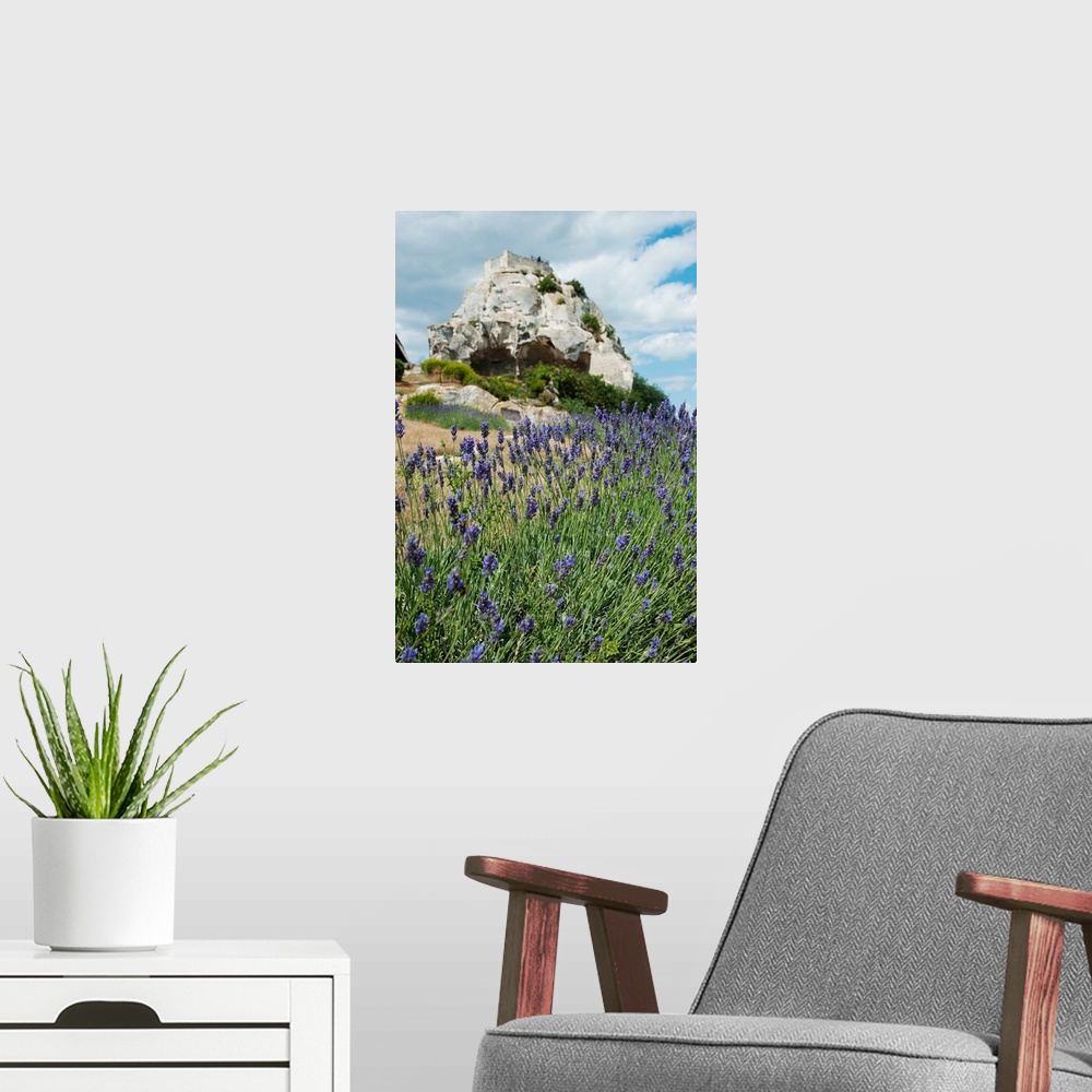 A modern room featuring Lavender field in front of ruins of fortress on a rock, Les Baux-de-Provence, France