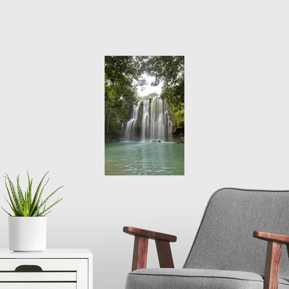 A modern room featuring Water cascades down a short vertical cliff into a pond in the tropical forest of this vertical la...