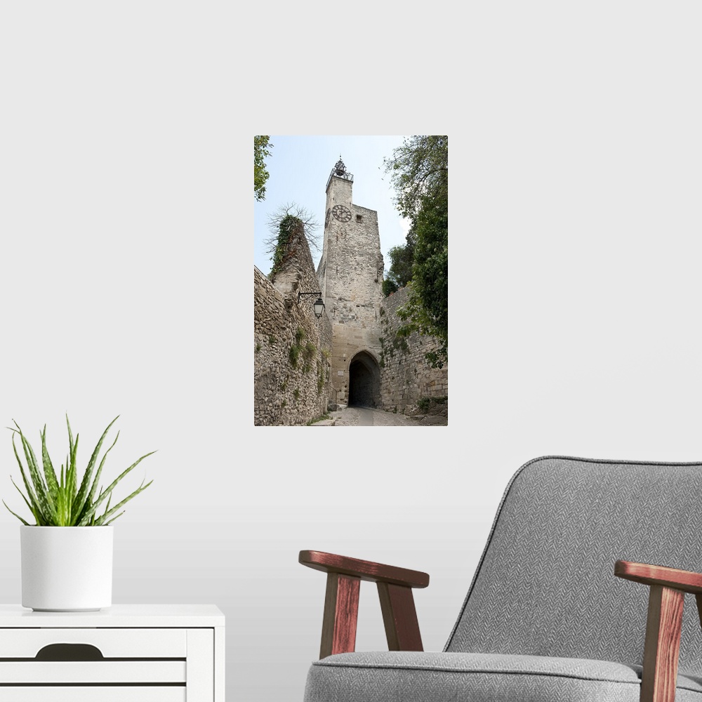 A modern room featuring Low angle view of a clock tower, Vaison La Romaine, Vaucluse