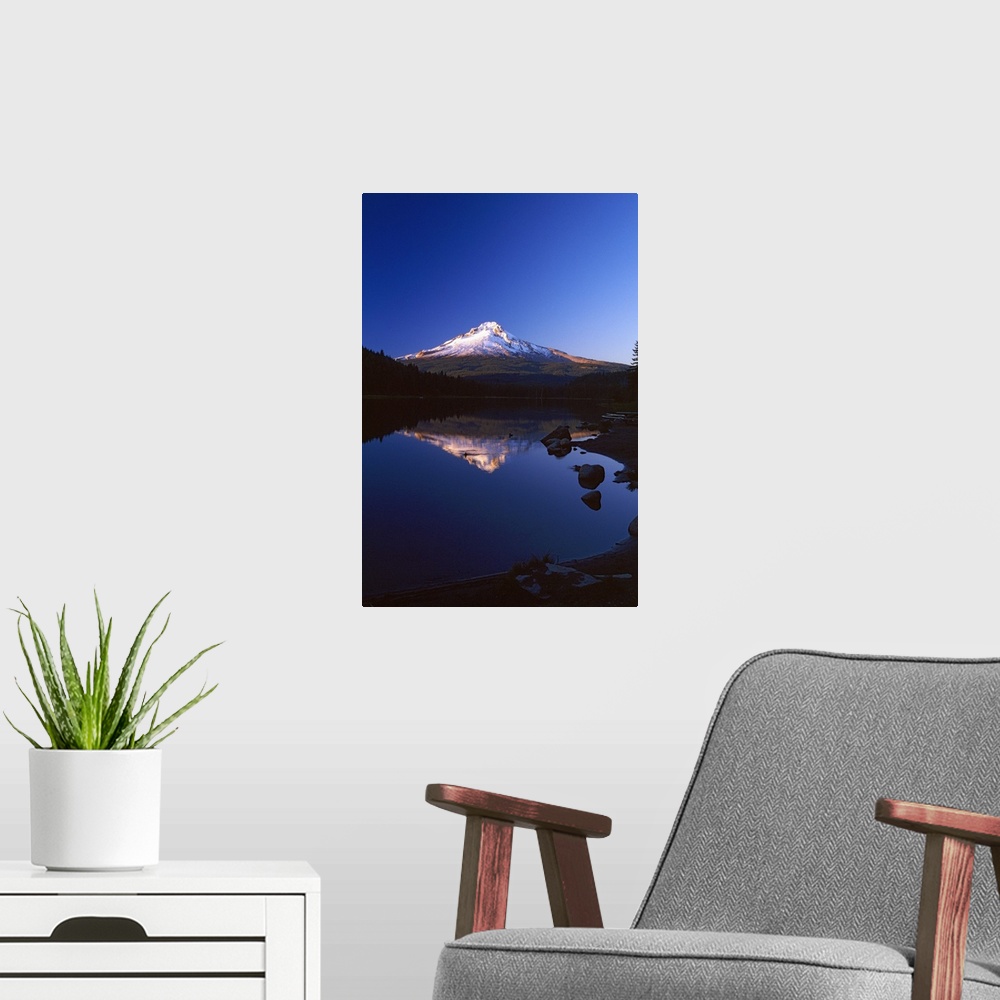 A modern room featuring Mount Hood reflected in still water, Trillium Lake, Mount Hood National Forest, Oregon, united st...