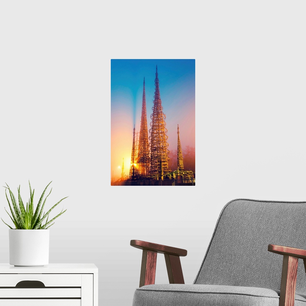 A modern room featuring Watts Towers at dusk, Watts, Los Angeles, California