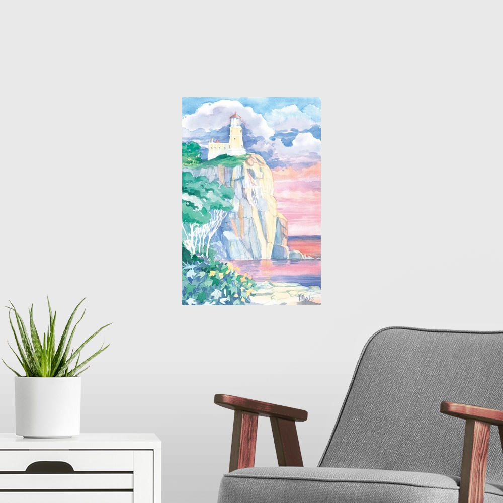 A modern room featuring Watercolor painting of a lighthouse on a cliff at sunset on the Great Lakes.