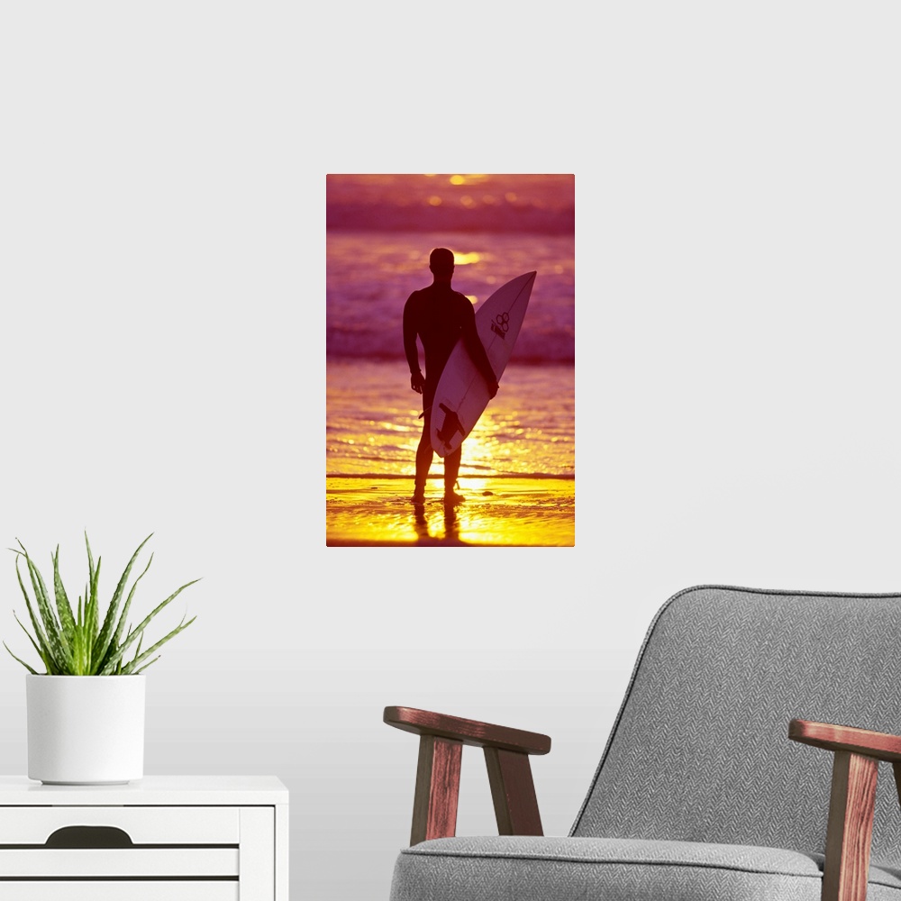 A modern room featuring Male surfer on a beach in San Diego, CA