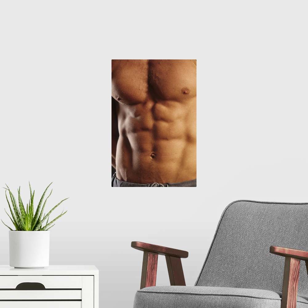 A modern room featuring Man's torso.