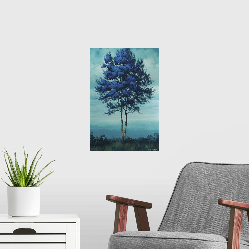 A modern room featuring Painting of a tall blue tree under a cloudy sky.