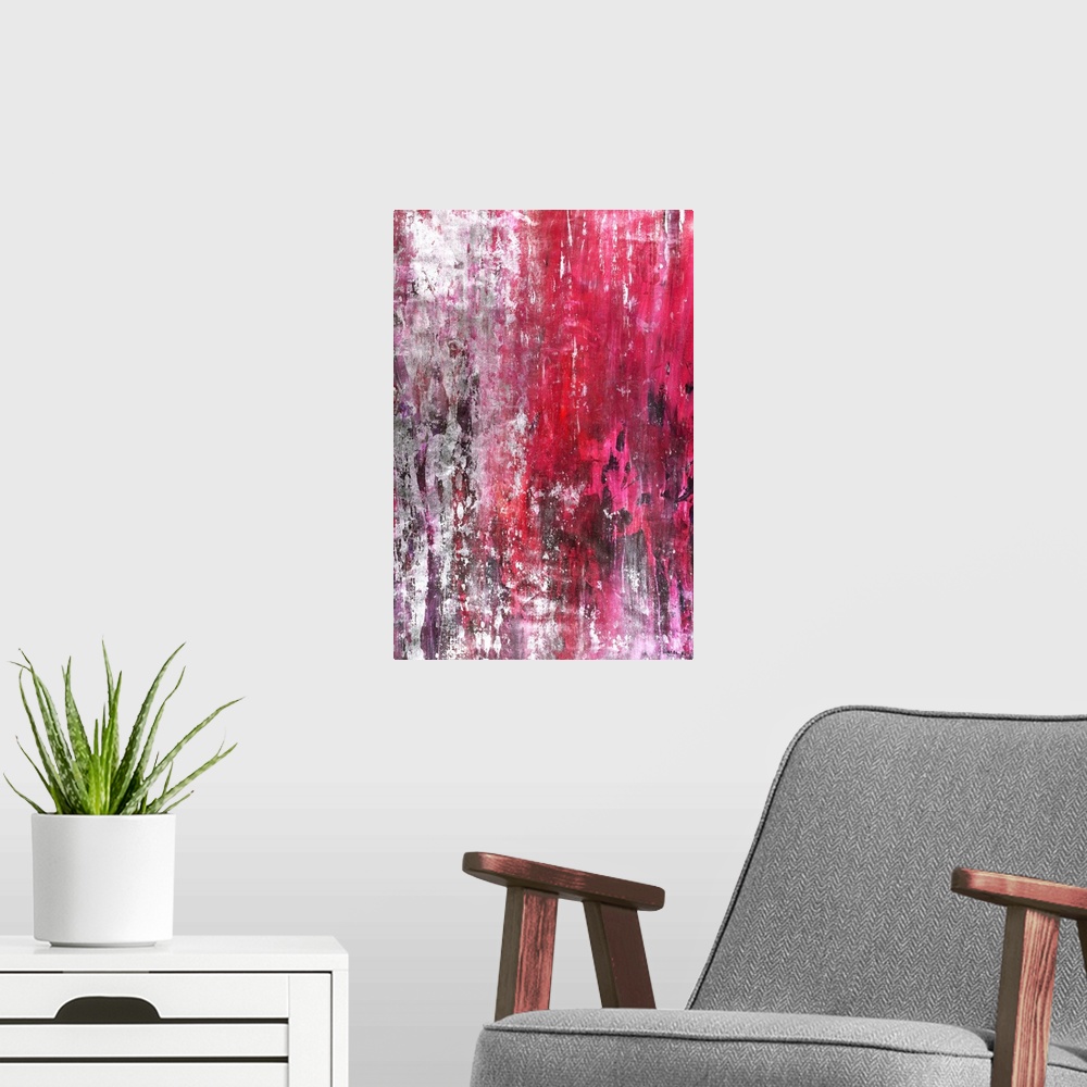 A modern room featuring Contemporary abstract painting in vibrant pink and red hues running vertically across the canvas ...